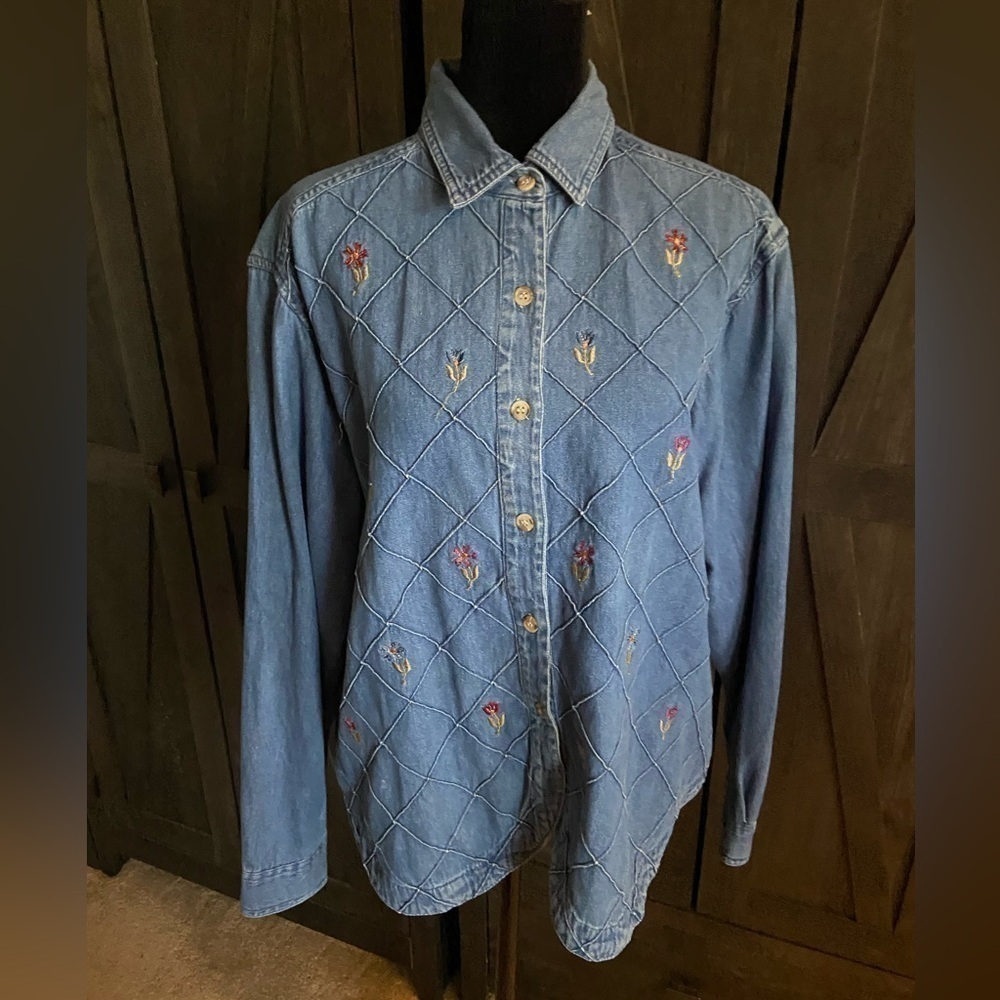 Studio Collection Cotton Denim Embroidered Button Down Shakket…
